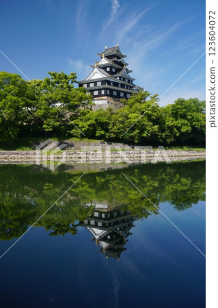 Symmetry of Okayama Castle tower seen from the right bank of Asahikawa River against the backdrop of a clear blue sky in May Ver2 Symmetry of Okayama Castle tower seen from the right bank of Asahikawa River against the backdrop of a clear blue sky in May Ver2 123604072