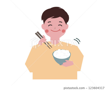 一名男子津津有味地吃著米飯。飯碗，筷子。向量插圖 123604317