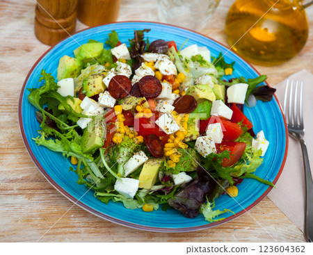 Fresh vegetable salad with mozzarella and sausages 123604362