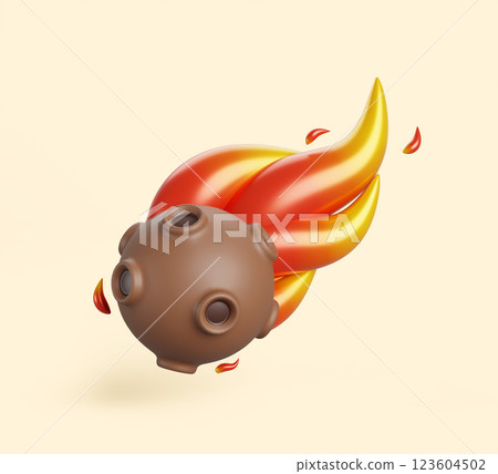 3d space meteor, comet or asteroid with fire trail. Meteorite fireball or star falling down, cosmic object with speed motion effect, galaxy and astronomy science. Cartoon render icon. 3D illustration 123604502