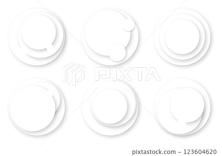 Set of white 3D round podiums top view. Concentric multi level scenes, gradient frames with minimalistic shadows. Abstract platform backgrounds for advertising presentation 123604620