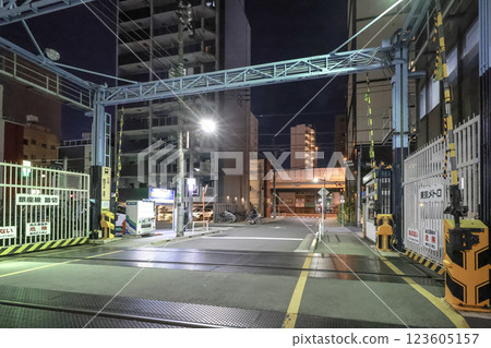 Urban Railroad Crossing at Night with Illuminated Residential Area, Tokyo Dec 9 2024 123605157