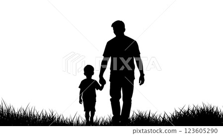 Silhouette of father and child walking hand in hand on grass field, symbolizing family bond and love 123605290