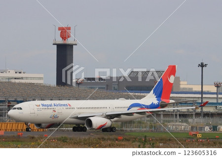 Royal Nepal Airlines national flag passenger plane landing at Narita Airport Royal Nepal Airlines national flag passenger plane landing at Narita Airport 123605316