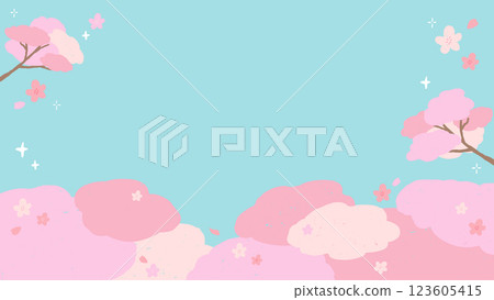 春天風格的櫻花風景背景框,帶有紋理的可愛手繪插圖 春天風格的櫻花風景背景框,帶有紋理的可愛手繪插圖 123605415