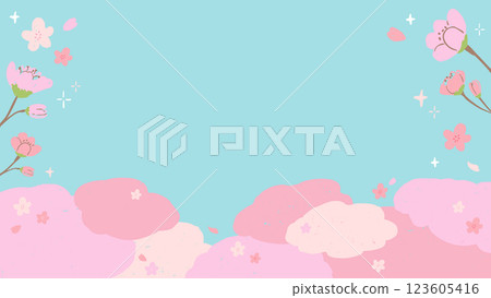 春天風格的櫻花風景背景框,帶有紋理的可愛手繪插圖 春天風格的櫻花風景背景框,帶有紋理的可愛手繪插圖 123605416