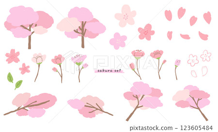 可愛的簡單手繪插圖集，有櫻花、櫻花樹和花瓣，有紋理 123605484
