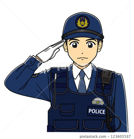A male police officer in uniform wearing a bullet-proof vest saluting 123605587