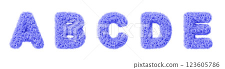 3d blue fur font, fluffy alphabet letters a, b, c, d, e render. Furry english letters with hair texture for fun education kids. Soft fuzzy curly wavy text isolated on white background. 3D illustration 123605786