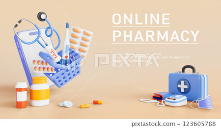Online pharmacy 3d banner. Smartphone with app for order medicine in internet. Mobile drugstore service with basket of medical pills, syringe, thermometer, tonometer, first aid kit. 3D illustration 123605788