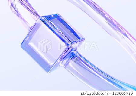 Abstract 3d macro background with glass holographic transparent circle connected to cube. Crystal render ring with iridescent diamond flare light, rainbow purple pink gradient texture. 3D illustration 123605789
