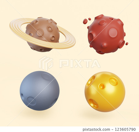 3d solar system planets. Saturn, Mars, Sun and Moon isolated on background. Celestial bodies, space objects, star and satellite with surface texture, cartoon isolated render icon set. 3D illustration 123605790