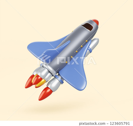 3d spaceship take off with fire. Rocket launch, space shuttle flight, mission start, spacecraft travel technology and discovery, business startup concept. Cartoon isolated render icon. 3D illustration 123605791