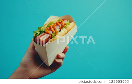 Hand holding hot dog wrapped in paper container 123605963
