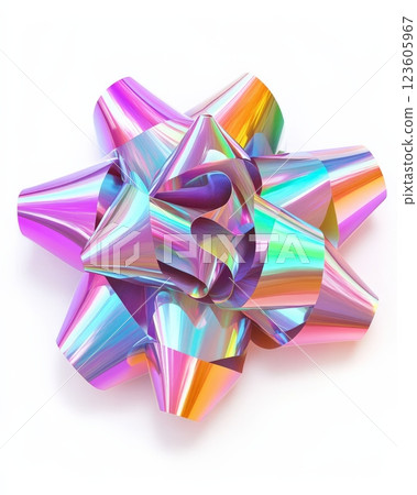 Holographic iridescent gift bow on white background 123605967