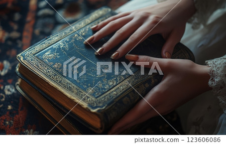 Hands with Holy bible book, closeup view 123606086