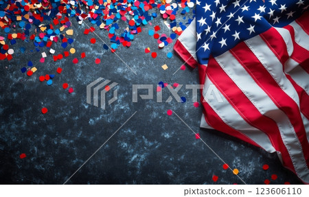 Closeup of glitter confetti with USA flag. Template for national holidays background. 123606110