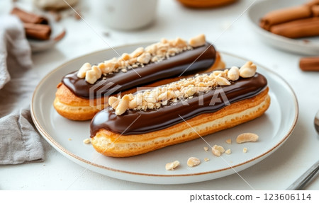 Eclairs with chocolate glazing on a plate. Light rustic background. French traditional dessert 123606114