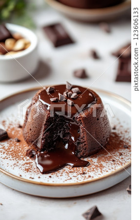 Chocolate lava cake on a plate on light background with copyspace 123606133