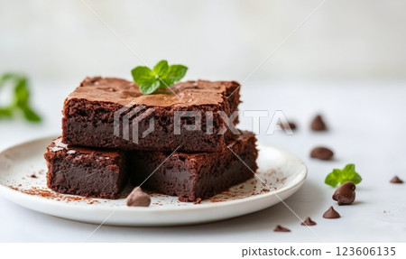 Brownie dessert on a plate, white background with copyspace 123606135