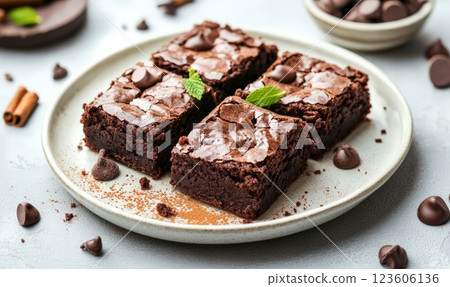 Brownie dessert on a plate, white background with copyspace 123606136