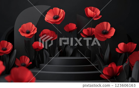Anzac Day, poppy flowers on dark background with stage podium. Remembrance day symbol. 123606163