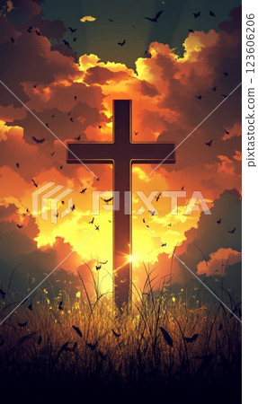 Cross on the hill - symbol of crucifixion of Jesus Christ. On beautiful sunset background. 123606206