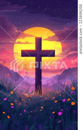 Cross on the hill - symbol of crucifixion of Jesus Christ. On beautiful sunset background. 123606208