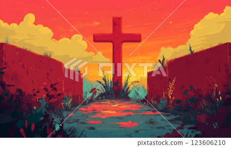 Cross on the hill - symbol of crucifixion of Jesus Christ. On beautiful sunset background. 123606210