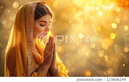 Woman praying on beautiful glowing background, religious concept 123606244