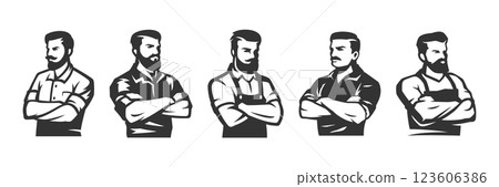 Barbershop man with crossed hands coiffure minimalist icon set vector illustration Barbershop man with crossed hands coiffure minimalist icon set vector illustration 123606386