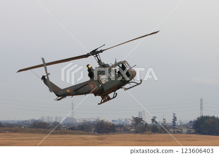 A UH-1 helicopter with a door gun launches a surprise attack on enemy forces. 123606403