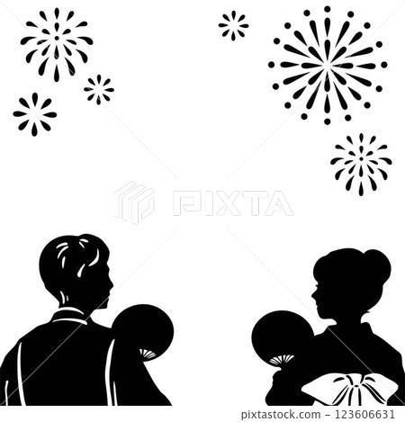 Frame, summer, yukata, fireworks, festival, men, women, silhouette, hand-drawn, background, illustration, black and white 123606631