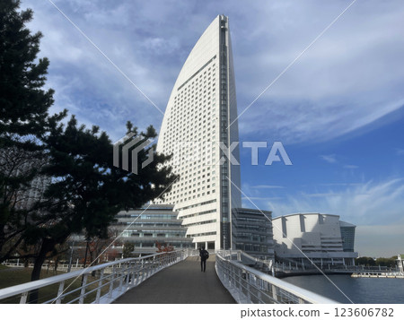 Japanese sail hotel in Yokohama. Modern architecture in Japan 123606782