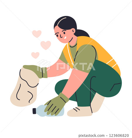 Vector illustration of volunteer woman collecting trash in nature, picking up plastic bottle, holding garbage bag. Environmental care, waste management, sustainability, Earth Day, and green initiative 123606820