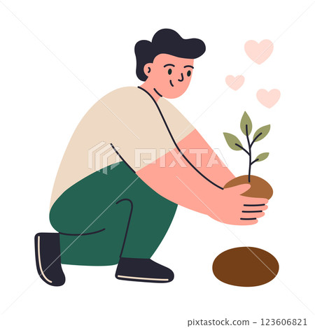 Vector illustration of volunteer planting tree, environmental care, sustainability, and community efforts. Composition with cartoon man for ecology, social responsibility, Earth Day, green initiatives 123606821