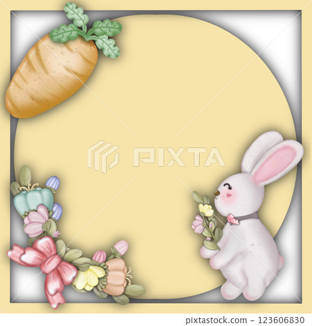 Paper cut  style frame Card with pastel colored Easter rabbit and egg hand drawn. Square frame with a pastel flowers and Easter egg patterns on card. 123606830