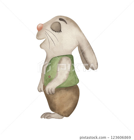 Watercolor illustration of a cute rabbit in vintage clothes. The bunny wears a green vest and brown pants, with a peaceful, dreamy expression. Perfect for Easter designs, children's books, and decor. 123606869