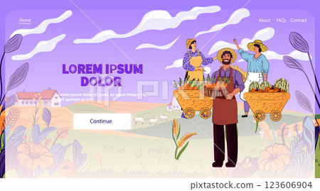 Farmers market scene with people selling vegetables rural landscape with fields and houses purple sky vibrant colors website design template 123606904
