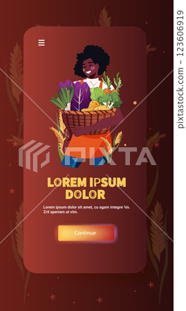 Woman holding basket of vegetables. Vibrant harvest theme with colorful produce and smiling character. Rich brown background with wheat motifs. Mobile app design Woman holding basket of vegetables. Vibrant harvest theme with colorful produce and smiling character. Rich brown background with wheat motifs. Mobile app design 123606919