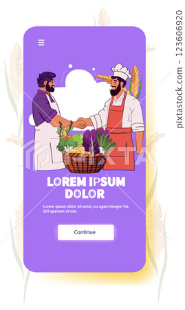 Two men shaking hands over vegetables cooperation teamwork chef farmer handshake basket produce purple background mobile app screen Two men shaking hands over vegetables cooperation teamwork chef farmer handshake basket produce purple background mobile app screen 123606920