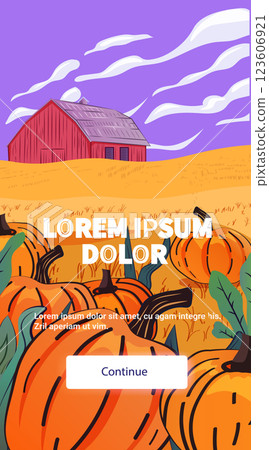 Pumpkin patch autumn scene with barn. Orange pumpkins in foreground field barn in background purple sky stylized clouds mobile app design Pumpkin patch autumn scene with barn. Orange pumpkins in foreground field barn in background purple sky stylized clouds mobile app design 123606921