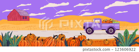 Vintage truck carrying pumpkins in rural autumn landscape with red barn and fields under a purple sky. Farm harvest scene 123606922