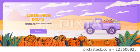 Farm truck autumn harvest pumpkins field. Vintage purple truck with vegetables and pumpkins on rural road. Orange fields leafy plants clouds in sky. Website banner Farm truck autumn harvest pumpkins field. Vintage purple truck with vegetables and pumpkins on rural road. Orange fields leafy plants clouds in sky. Website banner 123606923