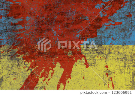 Dirty Ukrainian flag with blood. Ukrainian flag painted on a cracked wall. Distressed flag of Ukraine. 123606991