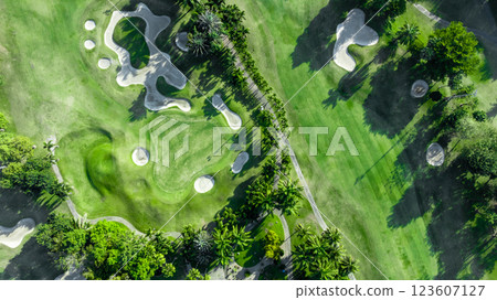 Top view golf course with lush greens, green fairway and sand bunker, Golf course green grass and trees fairway and putting green, Beautiful golf course. Top view golf course with lush greens, green fairway and sand bunker, Golf course green grass and trees fairway and putting green, Beautiful golf course. 123607127