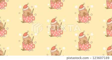 Seamless pattern with Christmas Capybara in Santa hat in cup on yellow background. New Year Funny cartoon kawaii character. Vector illustration. Horizontal holiday ornament. Kids collection Seamless pattern with Christmas Capybara in Santa hat in cup on yellow background. New Year Funny cartoon kawaii character. Vector illustration. Horizontal holiday ornament. Kids collection 123607189