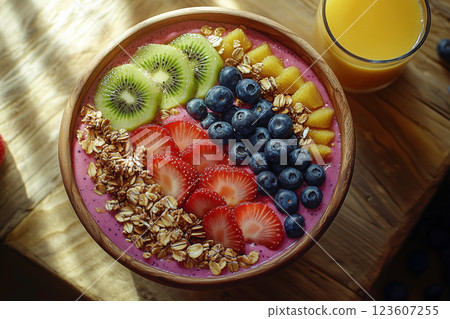 裝滿水果的冰沙碗 123607255