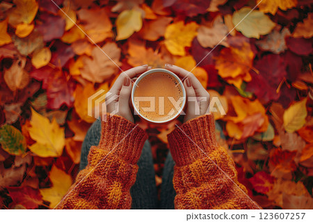 女人的手在落葉的包圍下享受著熱飲 123607257