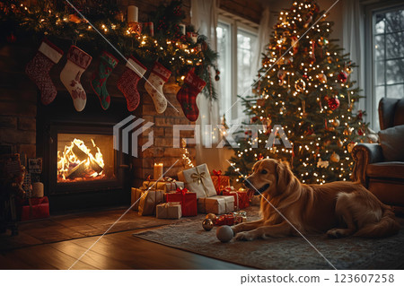 聖誕節時，狗狗在壁爐旁休息 123607258